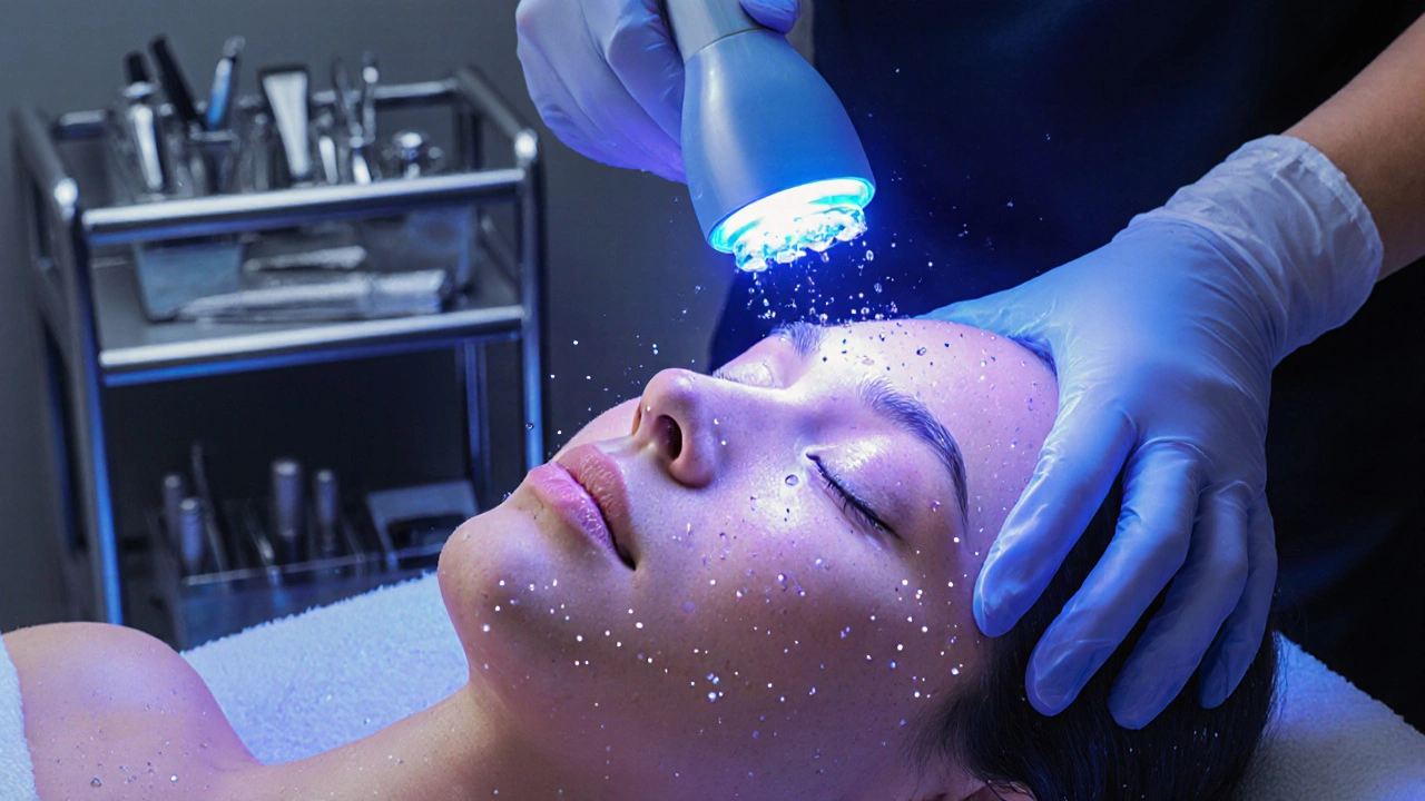 Detailní záběr na exfoliační ošetření s LED lampou a mikrodermabražním přístrojem.