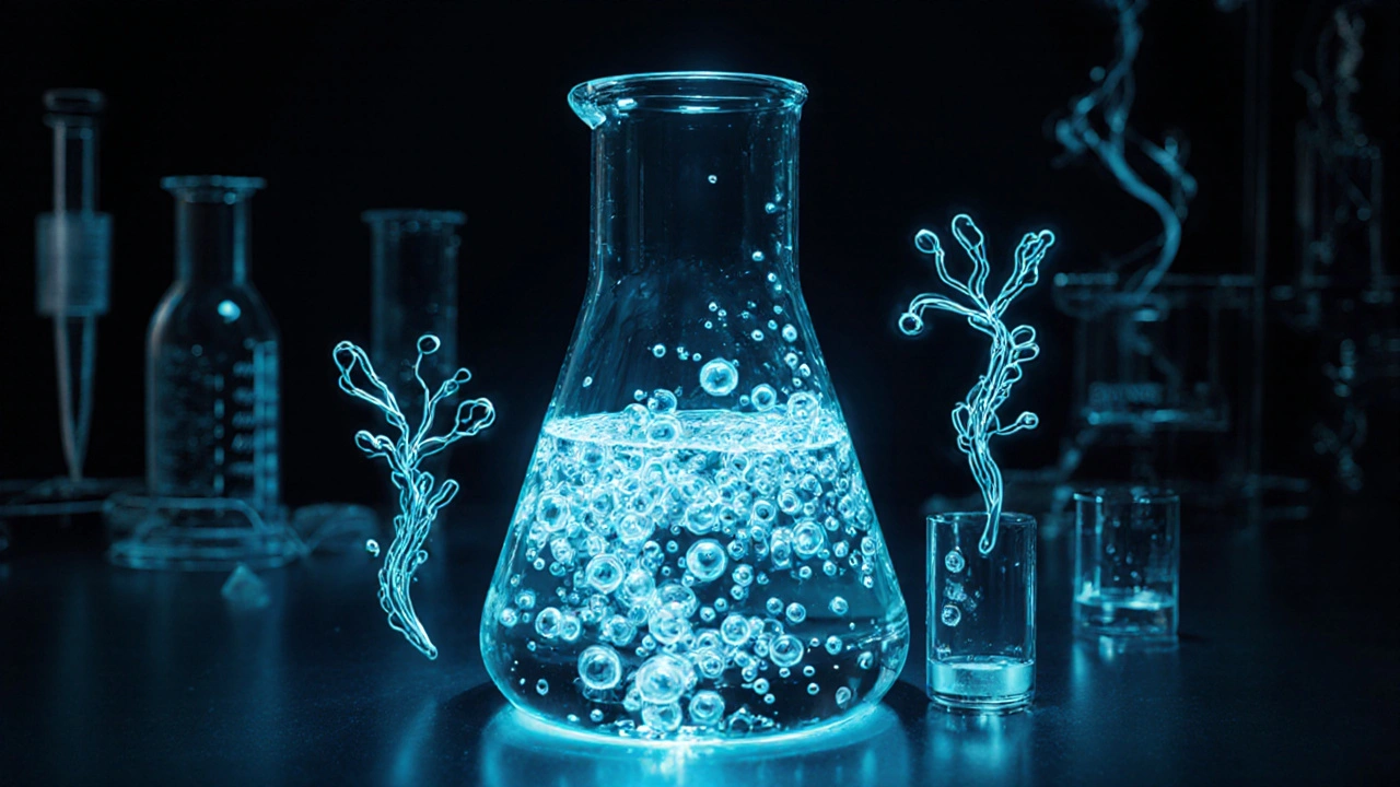 Futuristické laboratoře s zářícími nano‑emulzemi v průhledné nádobě.