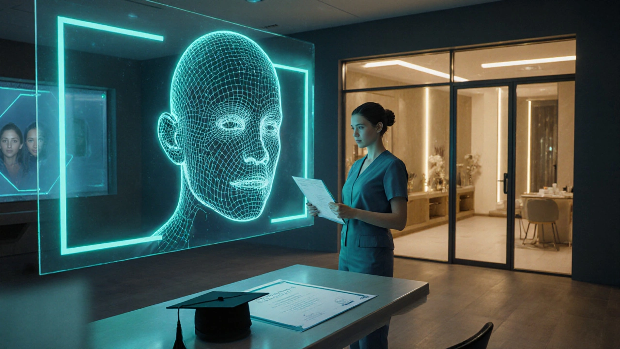 Futuristický salon s AI skenerem a čerstvě certifikovaným kosmetologem před otevřeným podnikem.
