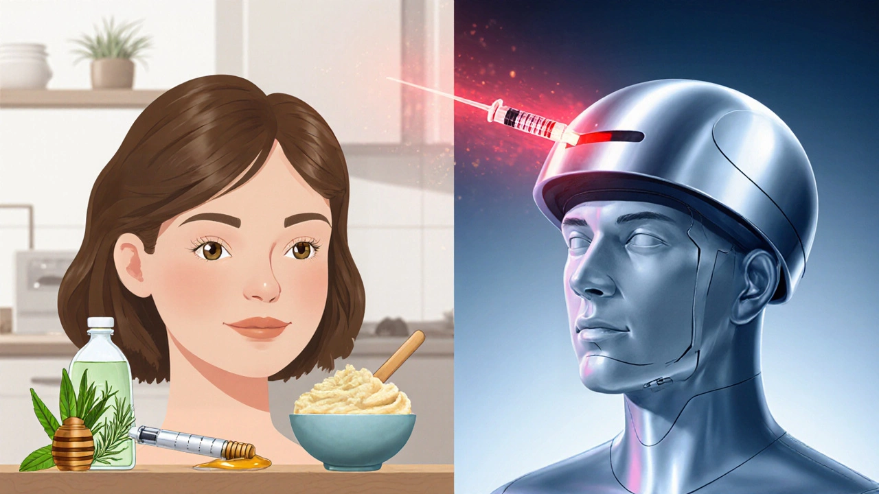Ilustrace spojující domácí rostlinné přípravky a moderní klinické ošetření vlasů.