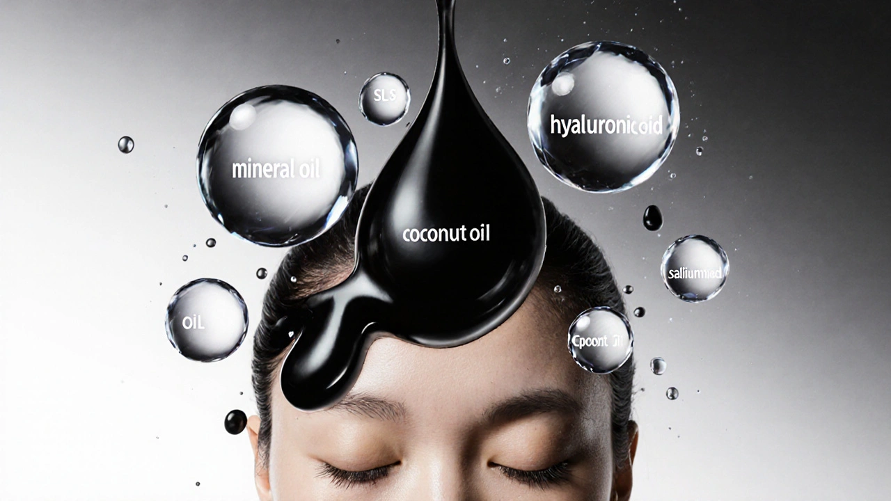 Koncepční scéna: olejové kapky jsou odporovány křehkými krystaly účinných látek na povrchu pokožky.