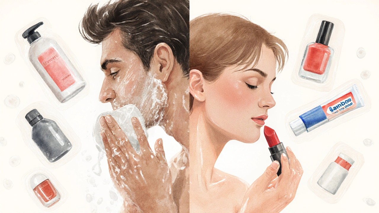 Muž myje obličej a žena si maluje rty, symbolizující univerzální péči o pleť.