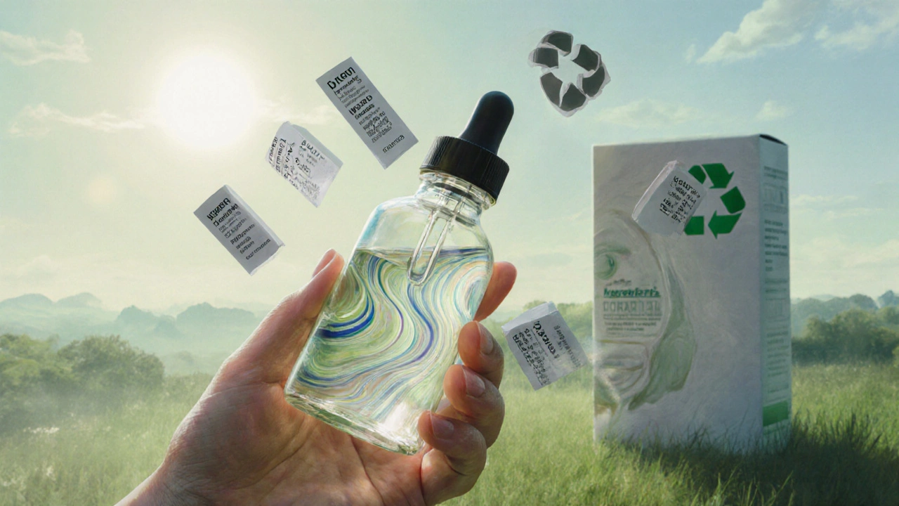 Průhledná lahvička s kosmetickými ingrediencemi a INCI štítky na pozadí zdravé pokožky.