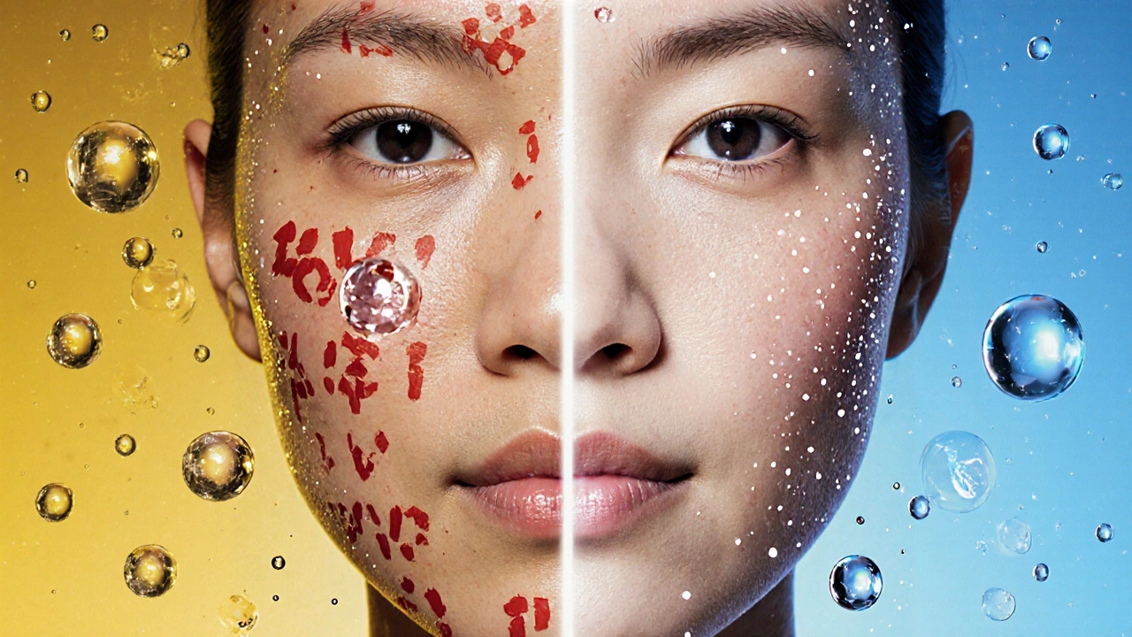 Rozdělená tvář: jedna strana s mastnou a zánětlivou pokožkou, druhá s vyváženou, matnou pleťí.