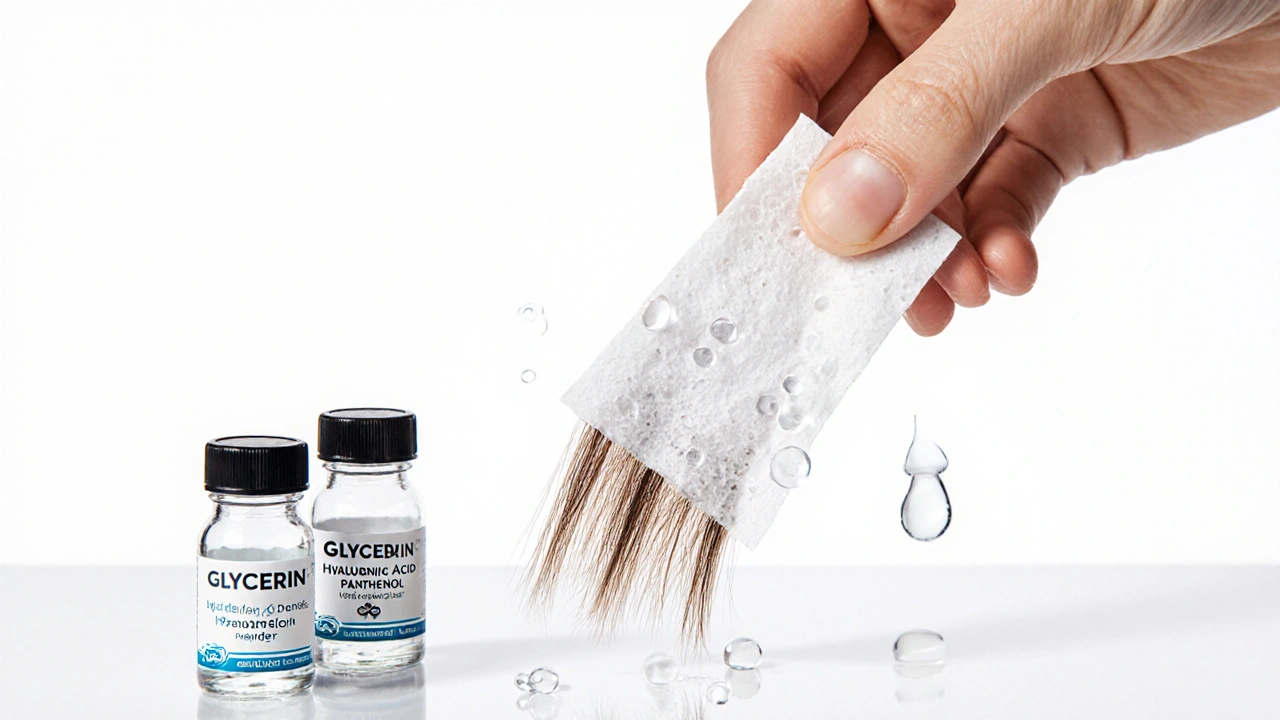 Ručně provedený strip test na bílém papíru s kapkami vody a vlákny vlasů, vedle ingrediencí.