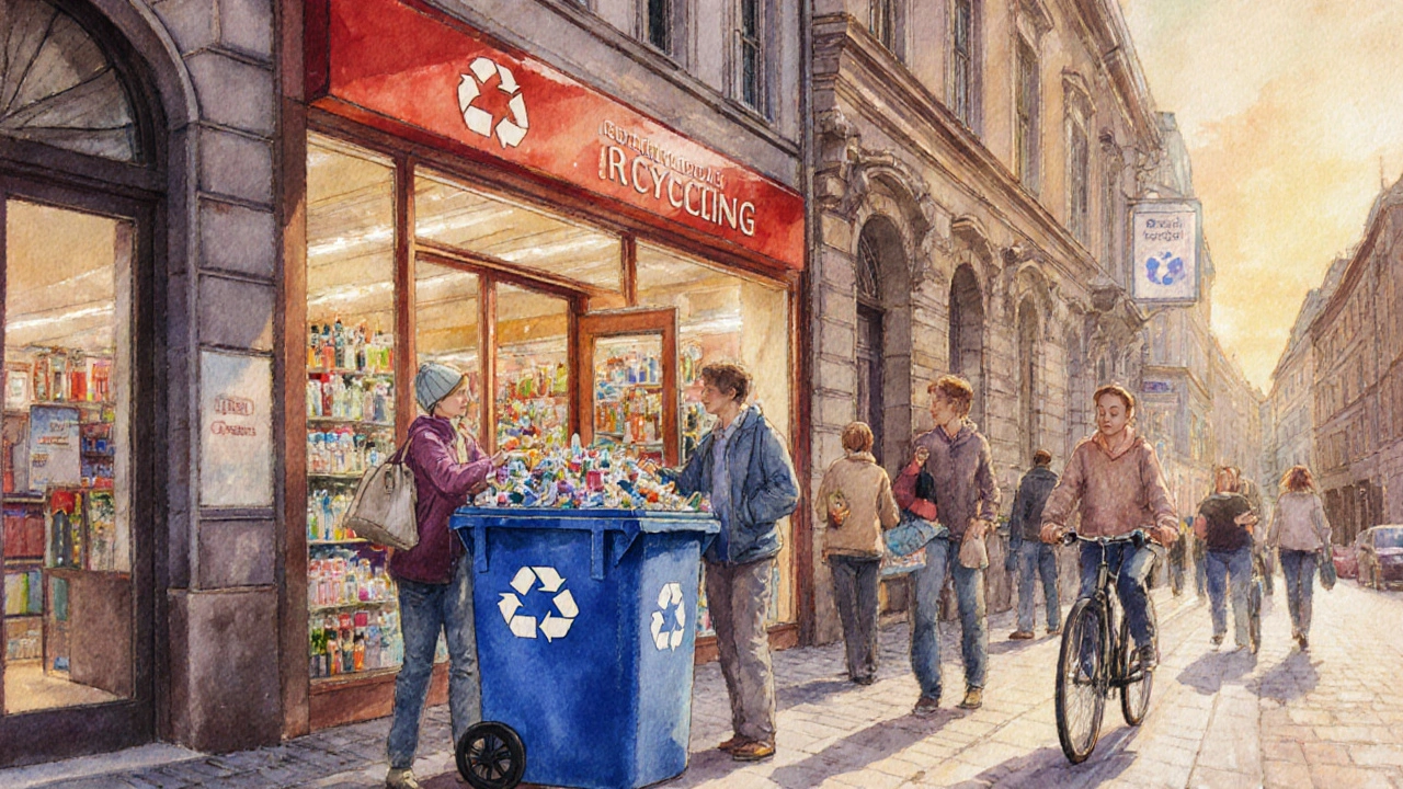 Ulice v Brně s recyklačním košem před drogerií, lidé vkládají obaly, večerní osvětlení.