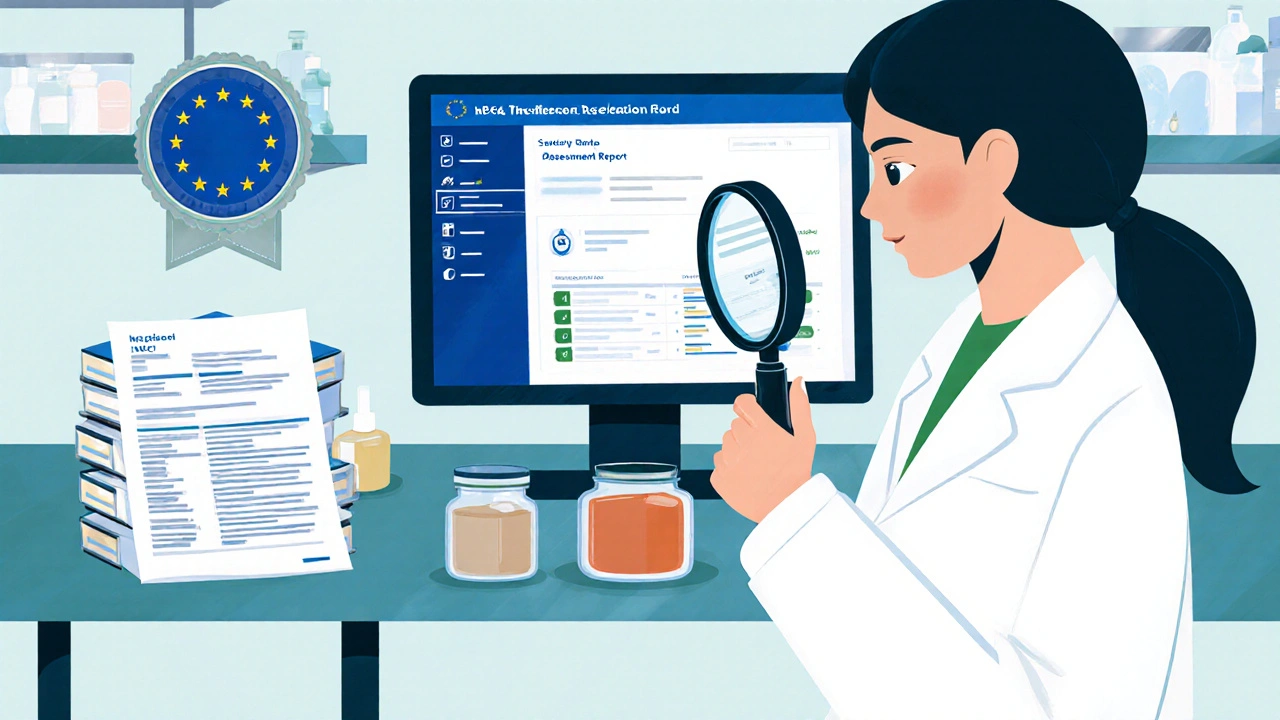 Vědkyně v laboratoři kontroluje kosmetiku, bezpečnostní zprávu a registraci EU.