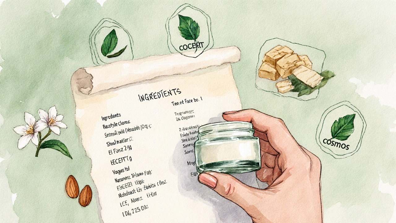 Ženská ruka drží přírodní krém a listuje seznamem ingrediencí s decentními certifikačními ikonami.