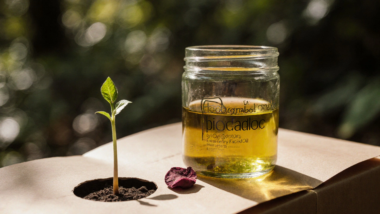 Biologicky rozložitelný obal kosmetiky s rostoucími rostlinami na pozadí.