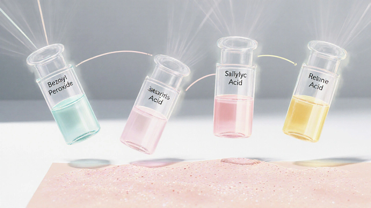 Čtyři účinné látky proti akné ve tvaru svítících lahviček.