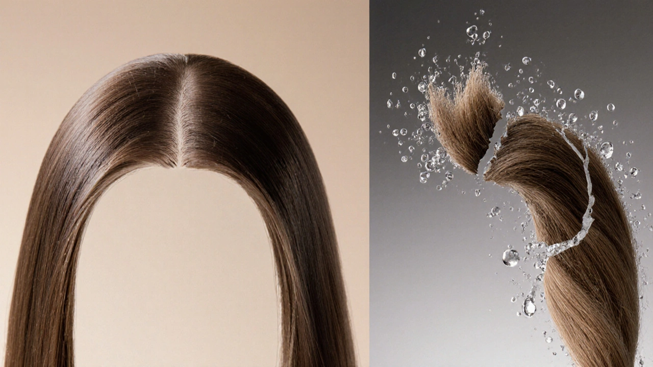 Dva vlasové vlákna: jedno zdravé a lesklé, druhé suché a poškozené.