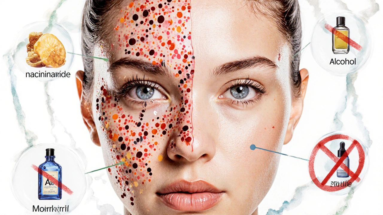 Dvě poloviny obličeje: jedna s mastnou a zánětlivou pletí, druhá s čistou a hydratovanou pletí s látkami.