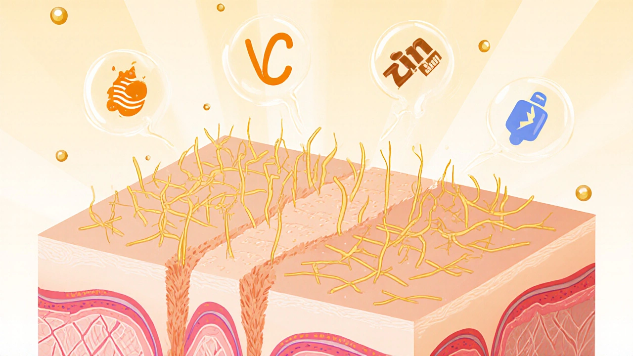 Křížový řez pokožky hlavy s porovnáním zdravých a oslabených vlasových folikulů a doplňků.