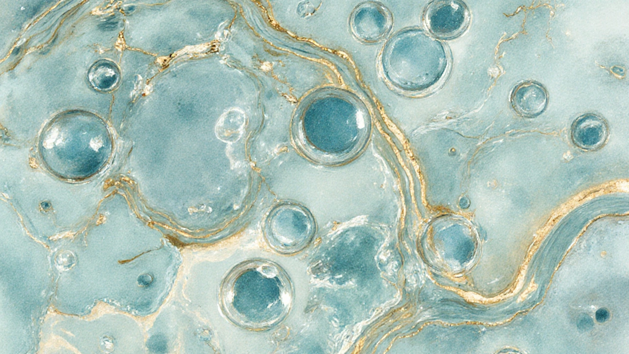 Mikroskopický pohled na olejové kapky v vodné fázi s emulgátory jako mosty.