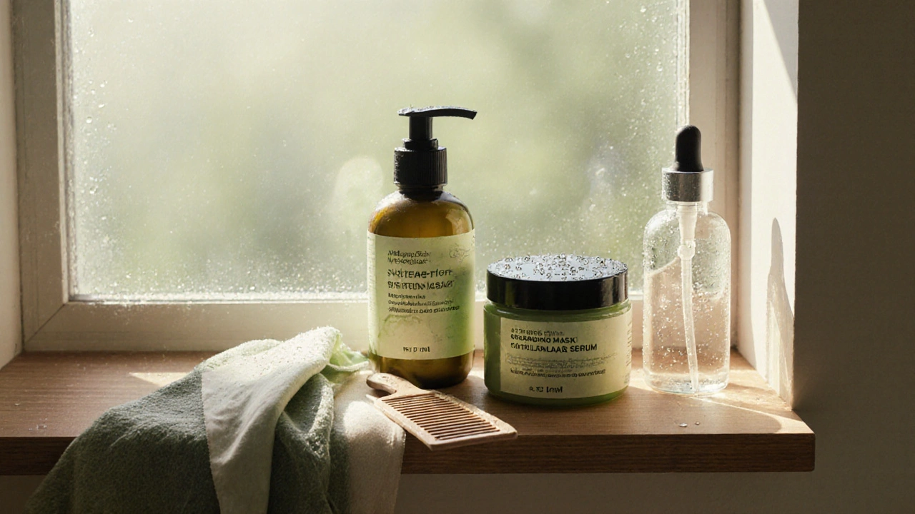 Minimální koupelna s jemným šamponem, maskou a sérem na vlasy, široký hřeben a hedvábný šátek na dřevěné poličce.