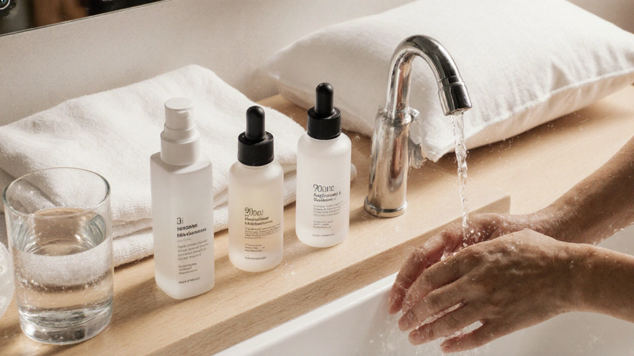 Minimální úprava péče o pleť s produkty, vodou a polštářem na dřevěné lavici.