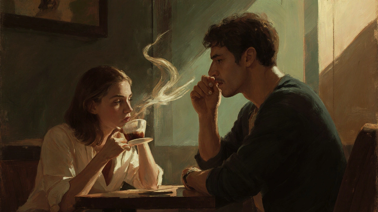 Muž se přiblíží k ženě v kavárně, cítí jemnou vůni vanilky a černého pepře.