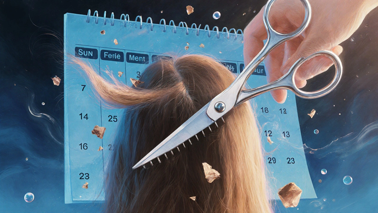 Nůžky stříhají křehké koncovky vlasů, zatímco poškozené vlasy se mění v zdravé, kolem nich jsou symboly tepla a UV záře.