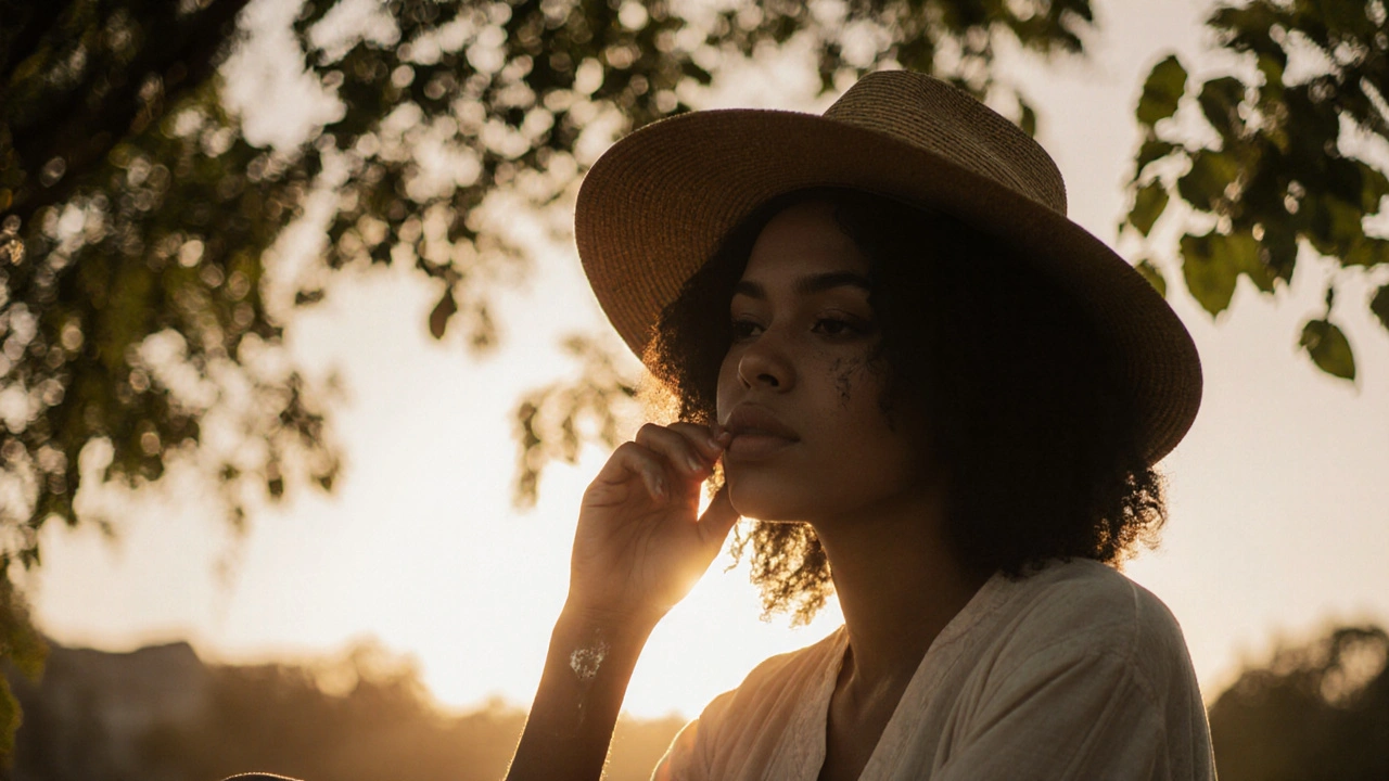 Osoba s přirozenými vlasy v klidu pod kloboukem, chráněná před sluncem.