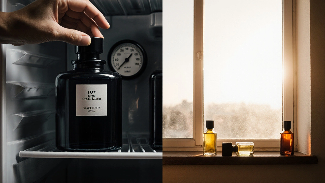 Parfém uložený v lednici, zatímco jiné lahve čekají na slunci.