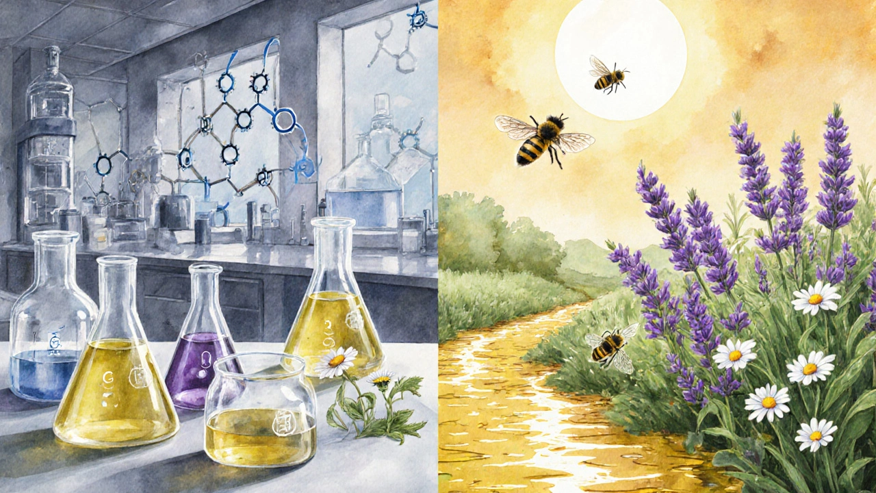 Porovnání chemické kosmetiky a přírodního zemědělství v ilustrativním stylu.