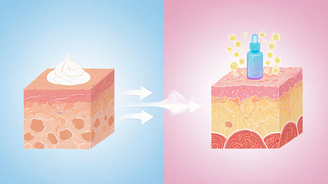 Porovnání: sérum proniká do kůže vs. krém blokuje účinek aktivních látek.