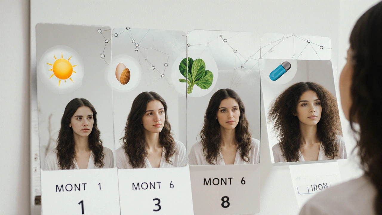 Postupná transformace vlasů ženy v zrcadle během šesti měsíců od řídkých k hustým a lesklým.