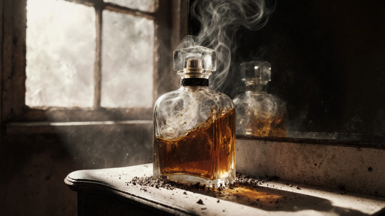 Přeměna parfému v flašce: čirá tekutina se mění na hnědou s usazeninami.