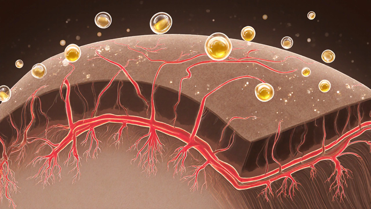 Příčný řez kůže hlavy s vlasovými kořínky živěnými přírodními oleji.