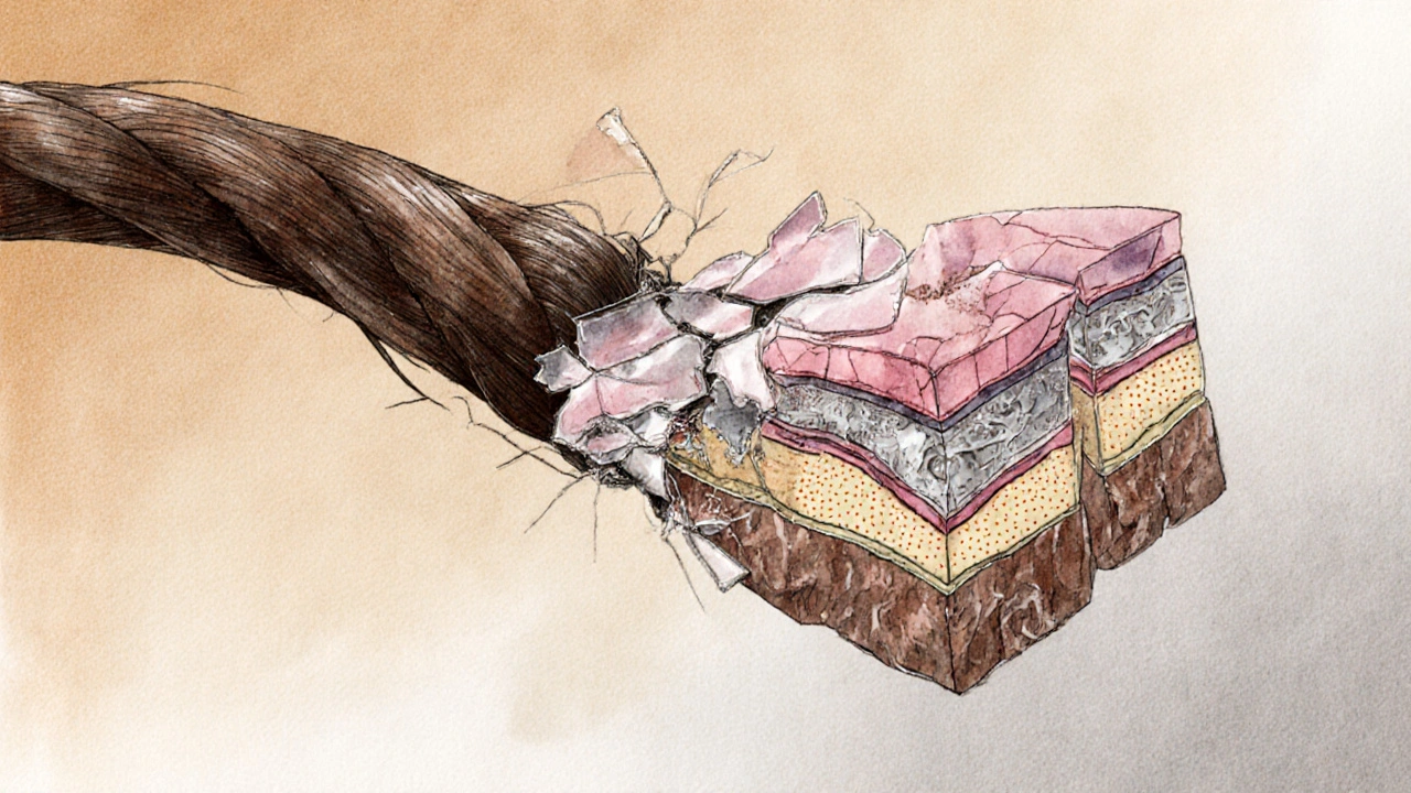 Příčný řez vlasem s poškozenou kutikulou a poškozeným kortexem