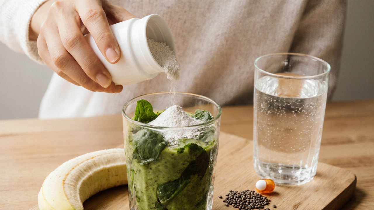 Ranní nápoj s kolagenem, vitamínem C a zdravými surovinami na dřevěném stole v přírodním světle.