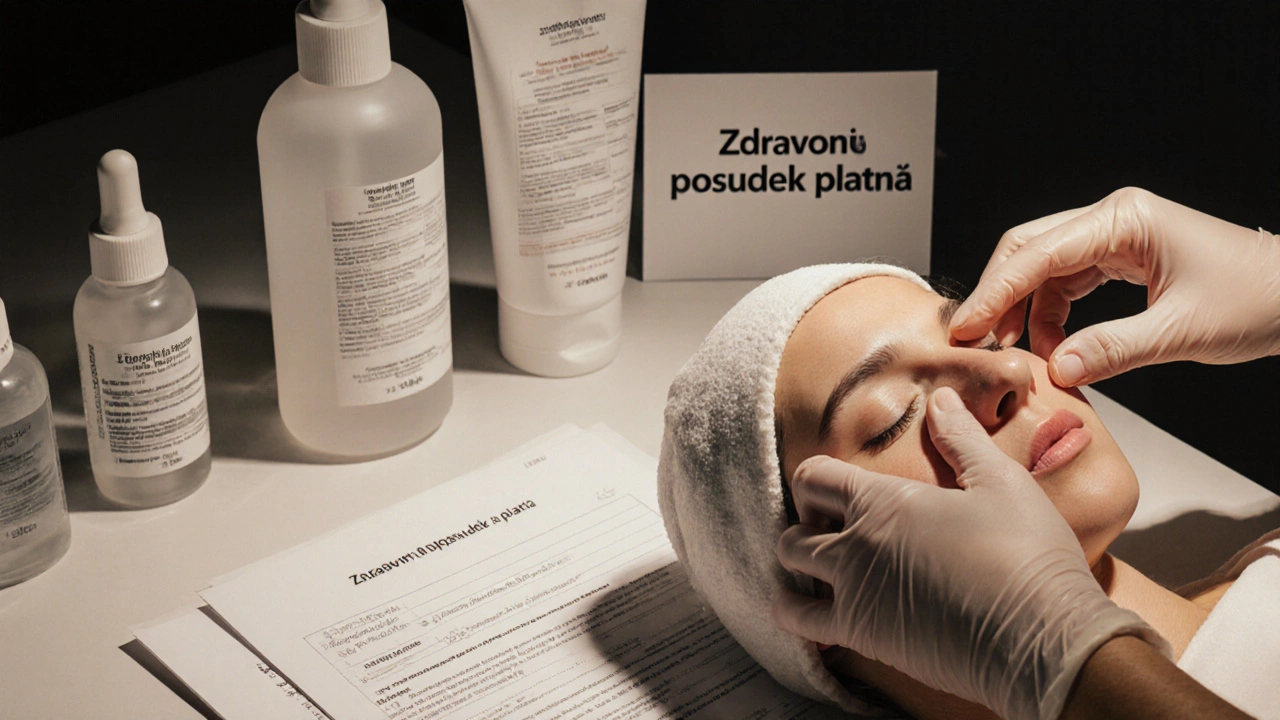 Ruce kosmetičky aplikují chemický peeling, vedle jsou dokumenty a produkty s INCI seznamy.