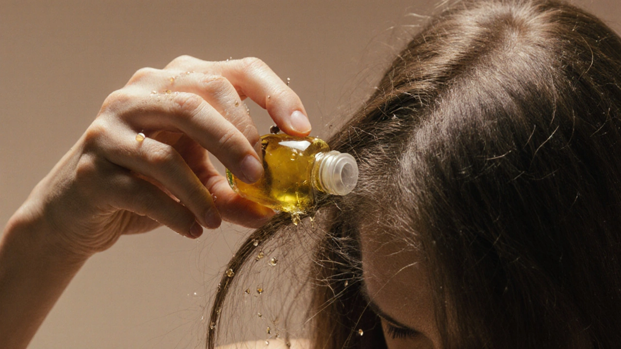 Rukou aplikující olej na koncovky suchých vlasů s jemným leskem.