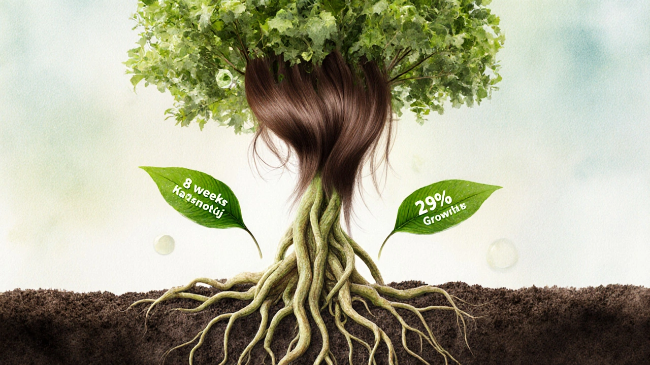 Strom s kořeny tvaru vlasů rostoucími z přírodních olejů.