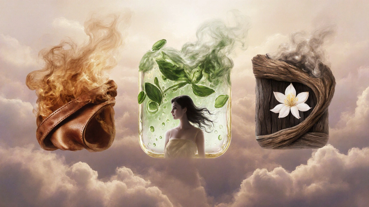 Tři abstraktní vůně — kůže, čerstvá zeleně a květiny — plavou kolem siluety ženy.