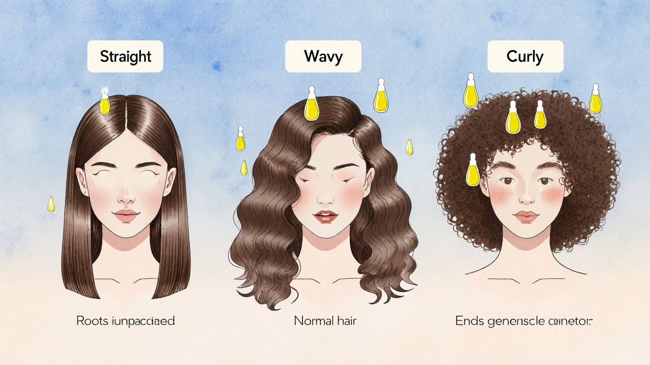 Tři typy vlasů s označenými oblastmi aplikace oleje na minimalistickém pozadí.