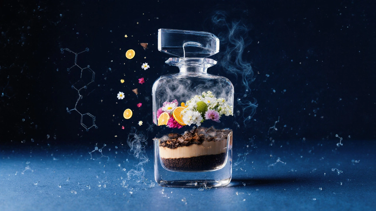 Umělecké znázornění rozkladu vůně parfému na tři vrstvy: horní, střední a základní noty.