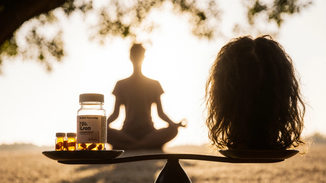 Váha s doplňky stravy a zdravými vlasy, pozadí s meditací.