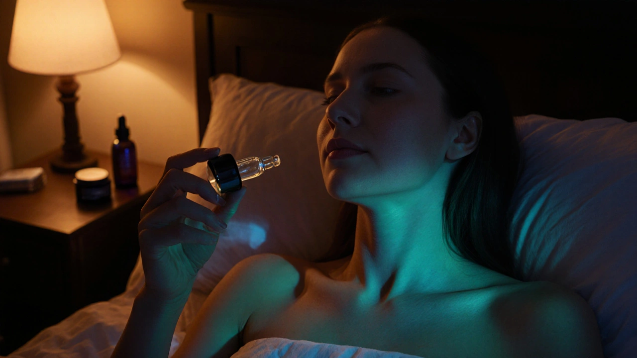 Večerní péče o pleť: aplikace retinolového séra v klidné, osvětlené místnosti.