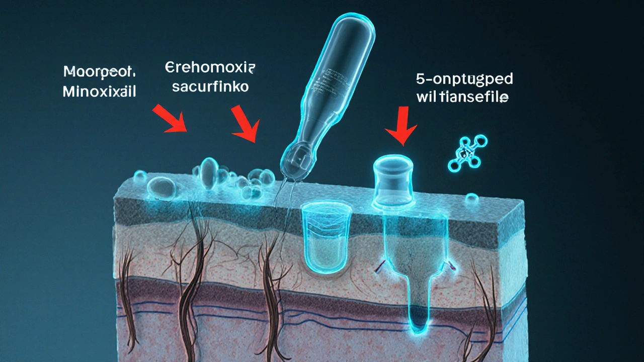 Vědecký nákres kůže hlavy s fázemi růstu vlasů a účinkem léků.