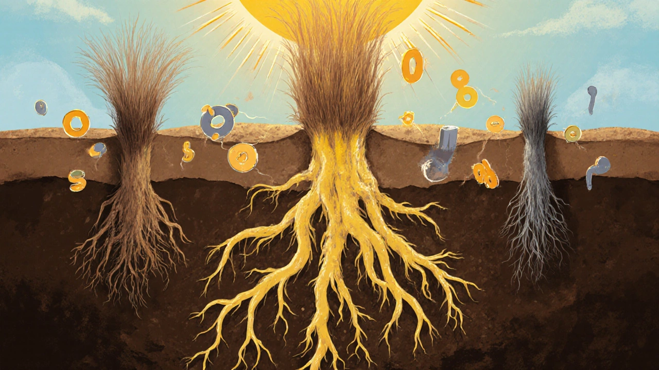 Vlasové folikuly jako kořeny v půdě, napájené zlatými molekulami biotinu, vitamínu D a železa, vyrůstající do silných vlasů.