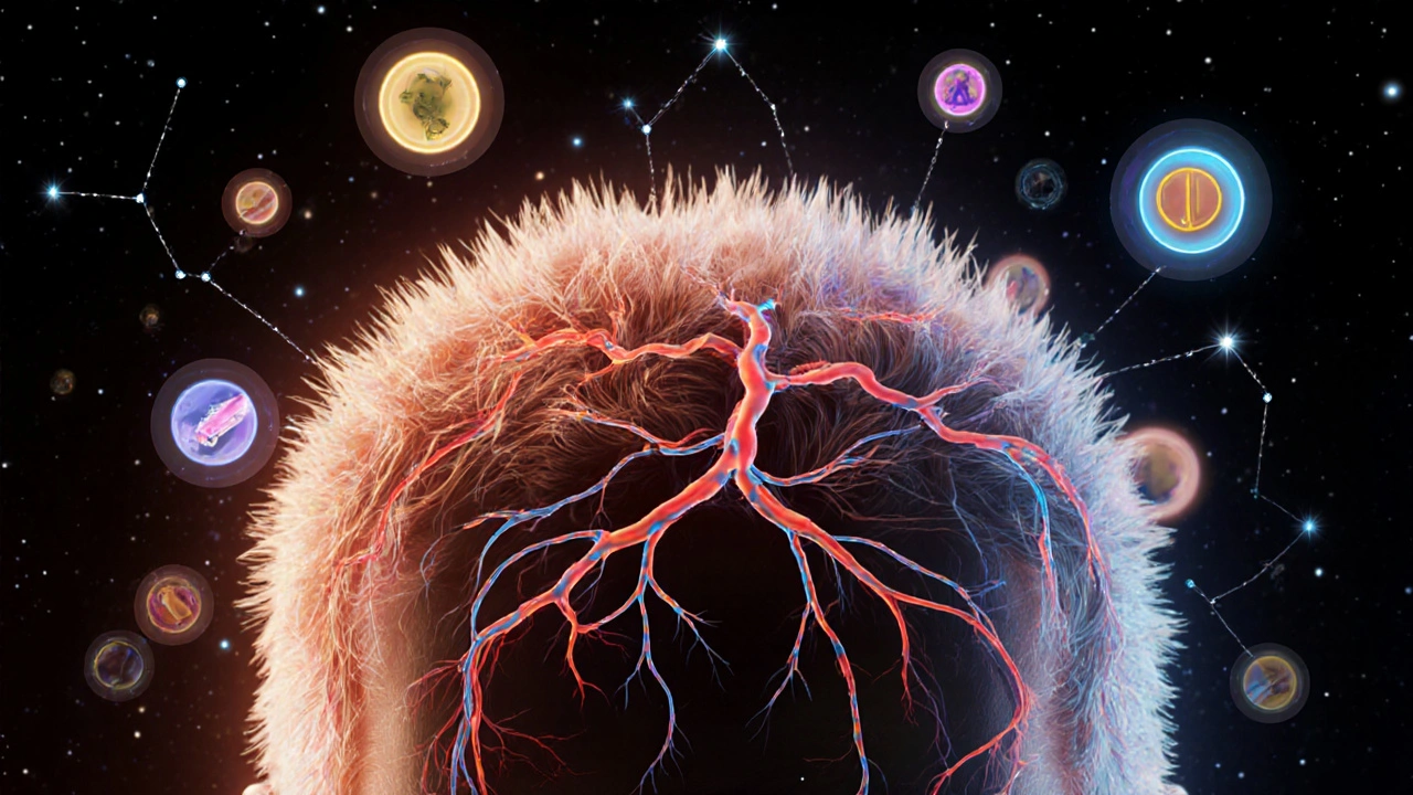 Zdravé a poškozené vlasové folikuly na kůži hlavy s výživovými prvky.