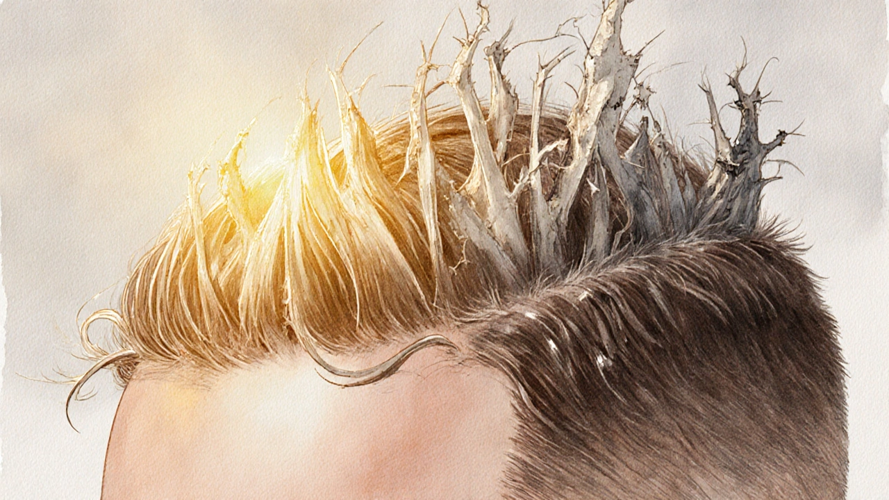 Zdravé nové vlasy rostoucí z kořenů v kontrastu s poškozenými starými vlasy.