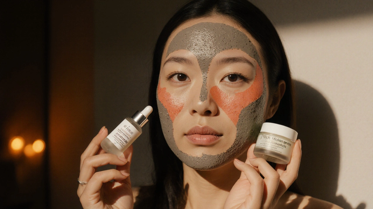 Žena aplikuje různé produkty na různé části tváře: sérum na čelo, krém na tváře, oční krém.