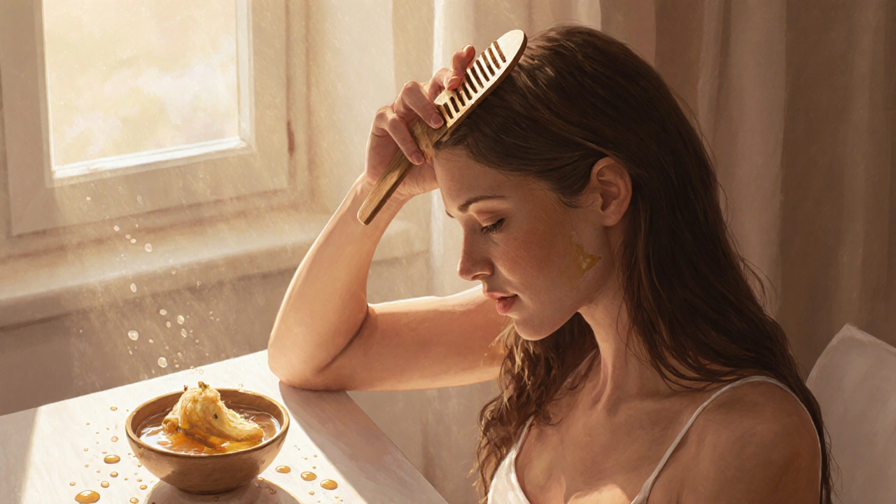 Žena jemně češe vlasy dřevěným hřebenem při přirozeném osvětlení.