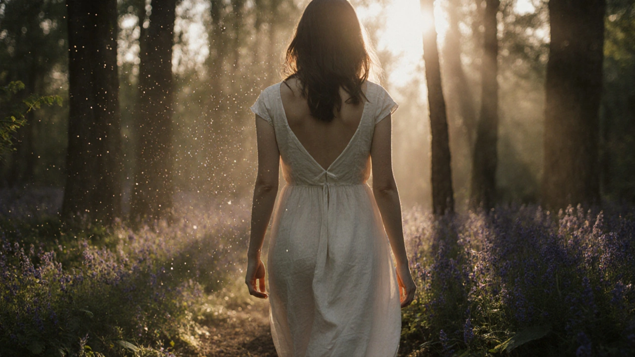 Žena prochází lesem v ranní mlze, vůně se jemně šíří kolem ní.