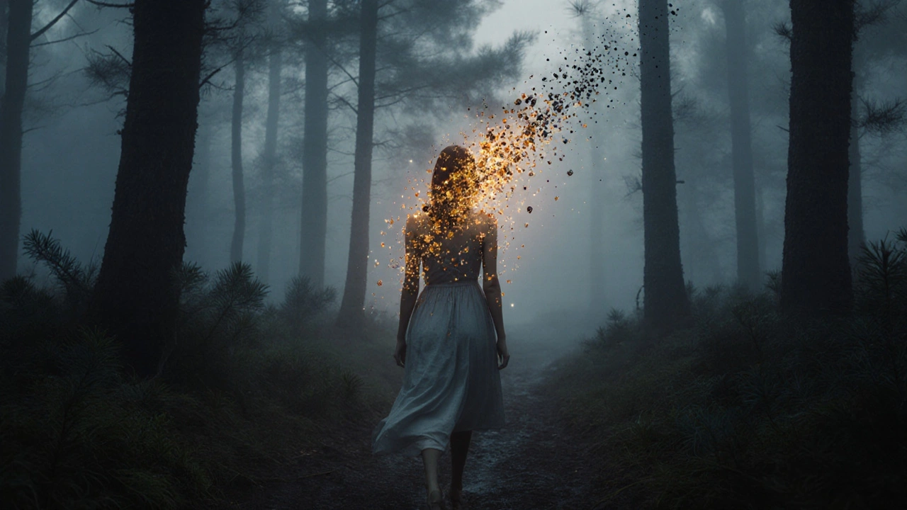 Žena prochází mlhavým lesem, její vůně se projevuje jako zářivé částice v ovzduší.