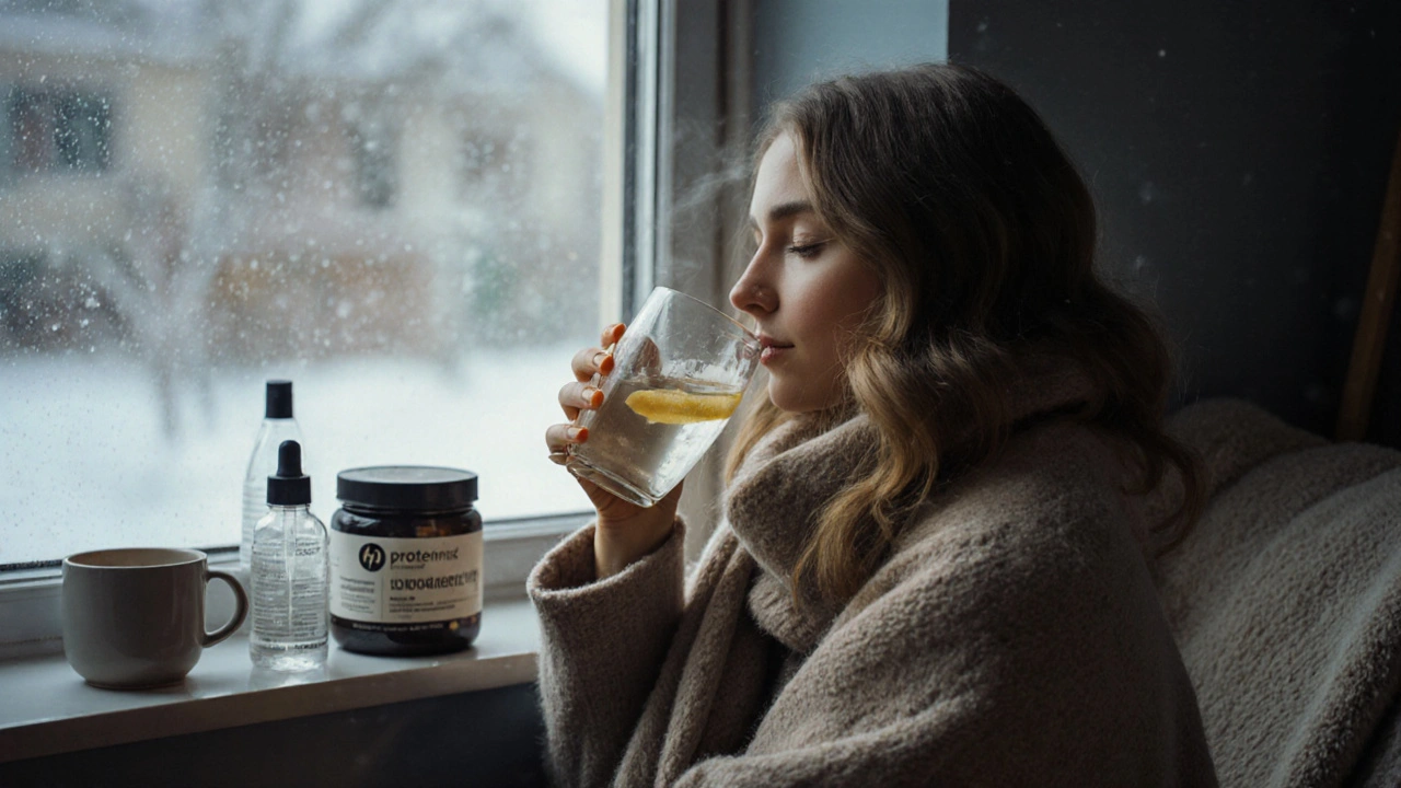 Žena s lesklými vlasy v zimě, obalená hedvábným šálkem a pije teplou vodu s citronem