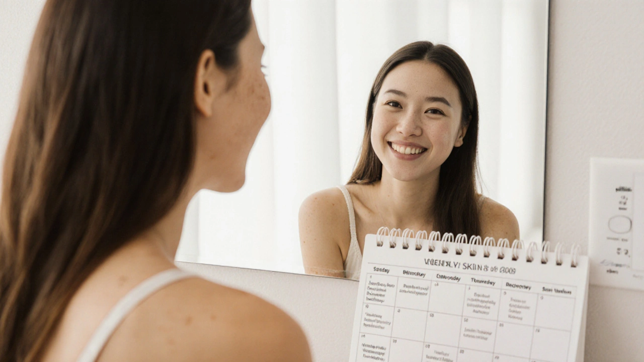 Žena se usmívá do zrcadla s vylepšenou pletí a kalendářem péče.