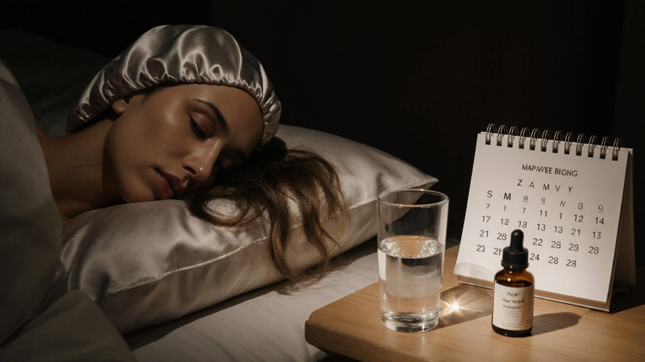 Žena spí s hedvábnou čepicí na hlavě, vedle ní olej a kalendář s péčí o vlasy.